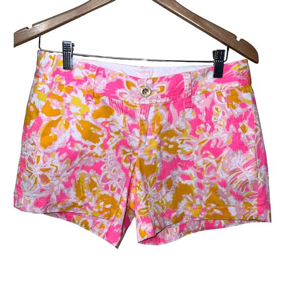 Lilly Pulitzer Shorts Womens 2 Callahan Shorts Pink Orange Floral Crinkle Cotton